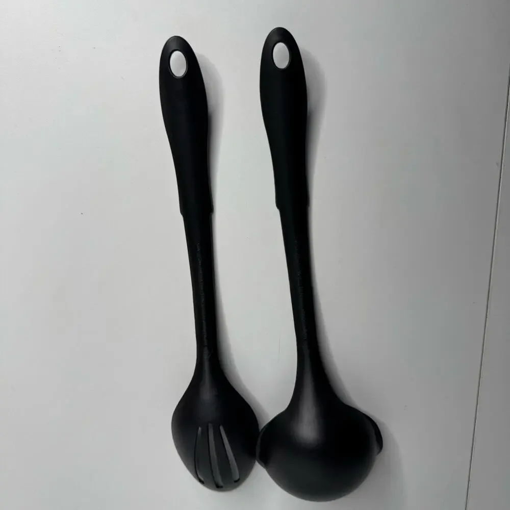 Set of 2 Utensils Black Plastic Slotted Serving Spoons, Heat Resistant USA